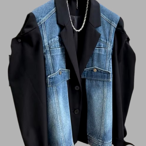 NEW WOMENS DENIM PATCHWORK BLAZER - Picture 3 of 5